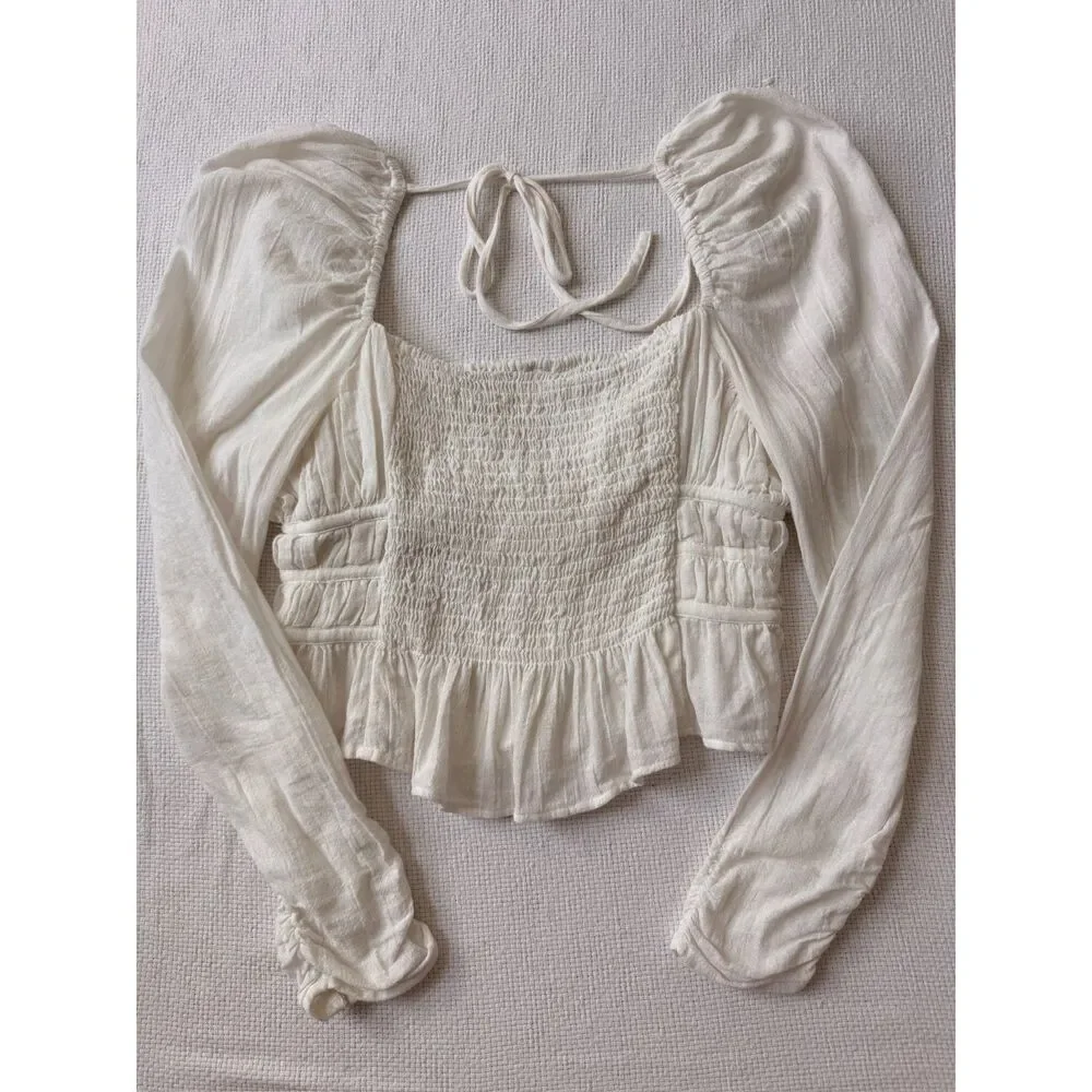 Free People Chloe Top S White Smocked Puff Sleeve Peplum Boho Cottagecore